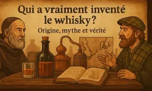 Deux hommes discutent de l'origine du whisky, avec un alambic, une bouteille et un livre ouvert sur une carte.