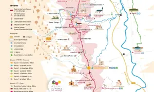 Carte de la route des vins en Loire Volcanique, avec des domaines viticoles, villages et boucles VTT/vélo.