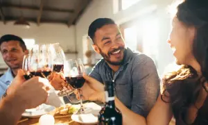 Des amis trinquent avec des verres de vin rouge lors d'une soirée dégustation vin conviviale, riant sous le soleil.