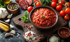 Un bol de sauce tomate épicée, parfaite pour accompagner des pâtes ou une pizza. Des tomates fraîches, de l'ail, du basilic et des épices complètent cette scène culinaire.