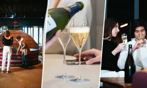 Trois scènes de dégustation champagne Paris : visite de cuverie, service à table et moment convivial entre amis.