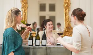 Trois femmes profitent d'une dégustation de vin au Château de Pommard, admirant le contenu de leurs verres.