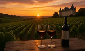 Un coucher de soleil doré sur un domaine viticole de Bordeaux, avec deux verres de vin rouge et une bouteille sur une table en bois.