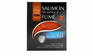 Saumon fumé Atlantique Marcel Baey, élevé en Norvège. Un saumon à la ficelle, salé au sel sec et fumé au bois de hêtre.