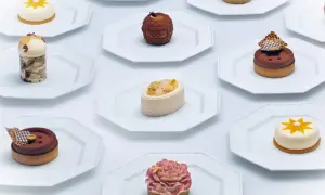 Collection de petits gâteaux raffinés, un véritable produit de luxe alimentaire, présentés sur des assiettes blanches.