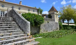 Escalier de pierre menant à un château, avec un étang de nénuphars. Une belle journée pour une visite château Pomerol.