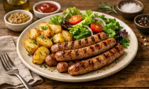 Assiette de chipolatas d'origine française grillées, accompagnées de pommes de terre rôties et d'une salade fraîche.