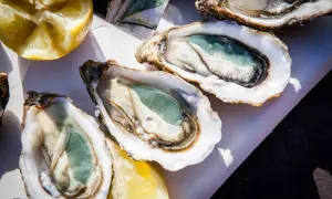Trois huîtres vertes fraîchement ouvertes, prêtes à être dégustées avec des quartiers de citron.