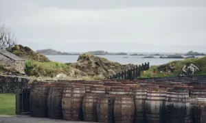 Barils de vieillissement devant une distillerie Écosse, avec la mer et des rochers en arrière-plan.