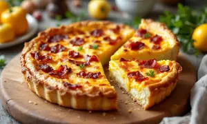 Une quiche lorraine gourmande, dorée et appétissante, avec des lardons croustillants sur son appareil crémeux. Parfaite pour un repas savoureux.