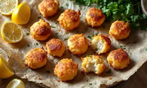 Douze accras de morue antillais dorés et croustillants, parsemés de persil frais, avec des quartiers de citron jaune.