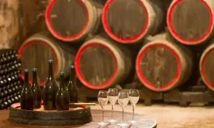 Bouteilles de champagne et verres sur un tonneau, prêts pour une visite de cave. Au fond, des fûts de chêne empilés.