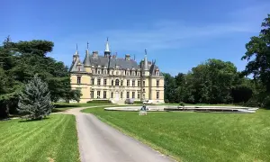 Château majestueux sous un ciel bleu, avec une allée menant à l'entrée. Un lieu idéal pour déguster un champagne Le Gallais.