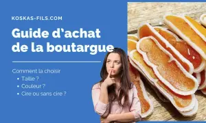 Guide d'achat de la boutargue : une femme réfléchit aux critères de choix (taille, couleur, cire). Gros plan sur des boutargues.