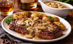 Un steak savoureux nappé d'une sauce crémeuse aux champignons et whisky, accompagné de pommes de terre rôties.