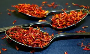 Trois cuillères remplies de filaments rouge orangé, une épice précieuse.