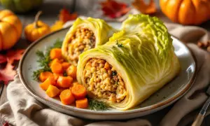 Deux roulés de chou farci, garniture savoureuse, servis avec des dés de carottes et des herbes. Une belle idée pour une recette chou farci d'automne.