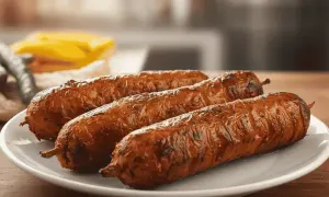 Trois andouillettes grillées sur une assiette blanche.