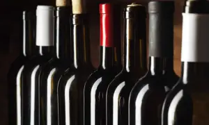 Bouteilles de vin alignées, certaines avec bouchons en liège, d'autres avec capsules. Un aperçu des trésors d'un domaine viticole Roussillon.