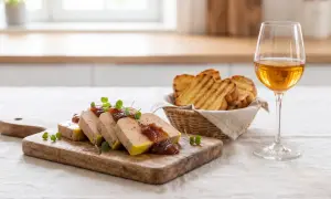 Tranches de foie gras mi cuit ou entier, garnies de confiture de figues et de pousses vertes, servies avec des toasts grillés et un verre de vin blanc.