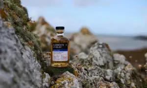 Bouteille de whisky "Elements of Islay" posée sur des rochers moussus, évoquant l'atmosphère sauvage de la distillerie Islay.