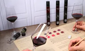 Dégustation vin Touraine : verres de vin rouge, fioles numérotées et guide d'analyse pour une expérience œnologique.