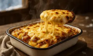 Une portion de vrai tartiflette fumante, avec son fromage fondant qui s'étire. Un plat réconfortant et gourmand.