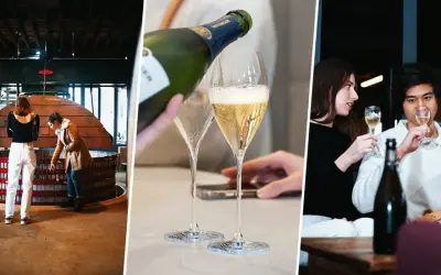 Trois scènes de dégustation champagne Paris : visite de cuverie, service à table et moment convivial entre amis.