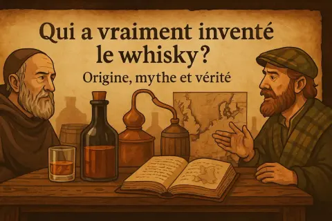 Deux hommes discutent de l'origine du whisky, avec un alambic, une bouteille et un livre ouvert sur une carte.