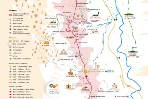 Carte de la route des vins en Loire Volcanique, avec des domaines viticoles, villages et boucles VTT/vélo.