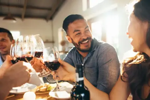 Des amis trinquent avec des verres de vin rouge lors d'une soirée dégustation vin conviviale, riant sous le soleil.