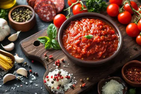 Un bol de sauce tomate épicée, parfaite pour accompagner des pâtes ou une pizza. Des tomates fraîches, de l'ail, du basilic et des épices complètent cette scène culinaire.