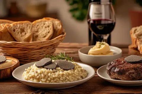 Un festin gastronomique avec un risotto crémeux, un steak savoureux et du pain frais, le tout sublimé par la truffe de Bourgogne.