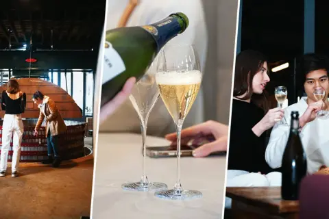 Trois scènes de dégustation champagne Paris : visite de cuverie, service à table et moment convivial entre amis.