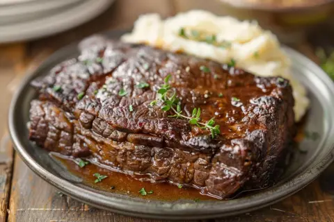 Un plat de boeuf braisé, tendre et juteux, servi avec une purée de pommes de terre crémeuse et garni de thym frais.