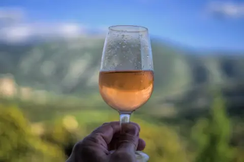 Un verre de vin rosé frais, avec des gouttes de condensation, tenu à la main devant un paysage de montagne flou. Un moment de détente avec un vin d'une région ensoleillée.