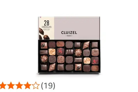 Boîte de 28 chocolats Cluizel, noir et lait. Un aperçu de la qualité qui justifie les avis positifs.