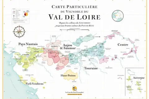 Carte des vins du Val de Loire, des collines du Sancerrois aux brumes salines du Pays de Retz. Explorez les vignobles de Nantes, Anjou, Saumur, Touraine, Centre et Auvergne.