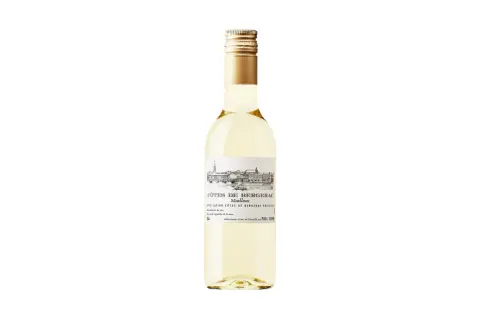 Bouteille de vin blanc Côtes de Bergerac Moelleux avec une étiquette illustrée.