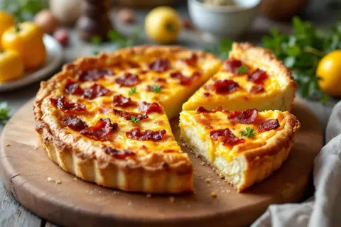 Une quiche lorraine gourmande, dorée et appétissante, avec des lardons croustillants sur son appareil crémeux. Parfaite pour un repas savoureux.