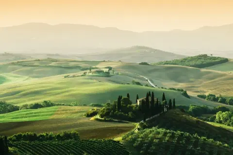 Paysage toscan vallonné avec une ferme, idéal pour l'oenotourisme à Arezzo. Vignes et cyprès bordent les routes sinueuses.
