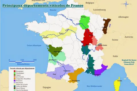 Carte des principaux départements viticoles de France, montrant la diversité de chaque région des vins.