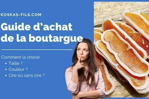 Guide d'achat de la boutargue : une femme réfléchit aux critères de choix (taille, couleur, cire). Gros plan sur des boutargues.