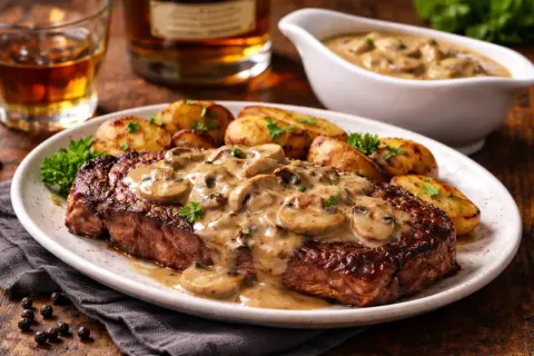 Un steak savoureux nappé d'une sauce crémeuse aux champignons et whisky, accompagné de pommes de terre rôties.