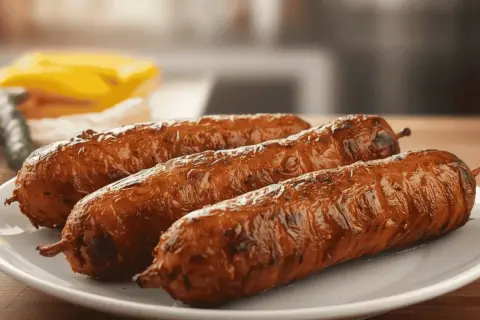 Trois andouillettes grillées sur une assiette blanche.