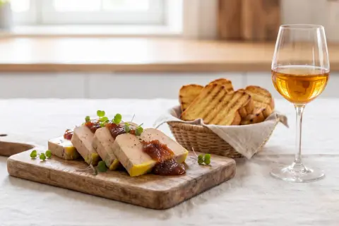 Tranches de foie gras mi cuit ou entier, garnies de confiture de figues et de pousses vertes, servies avec des toasts grillés et un verre de vin blanc.