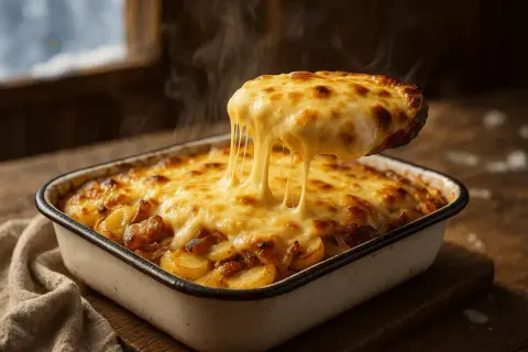 Une portion de vrai tartiflette fumante, avec son fromage fondant qui s'étire. Un plat réconfortant et gourmand.