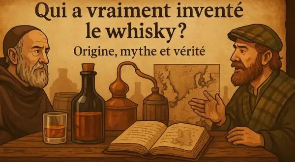 Deux hommes discutent de l'origine du whisky, avec un alambic, une bouteille et un livre ouvert sur une carte.