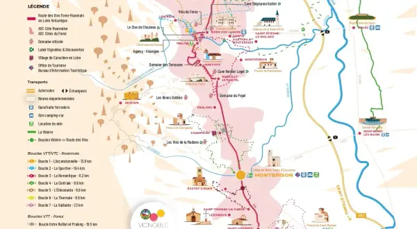 Carte de la route des vins en Loire Volcanique, avec des domaines viticoles, villages et boucles VTT/vélo.