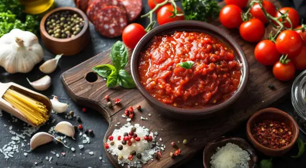 Un bol de sauce tomate épicée, parfaite pour accompagner des pâtes ou une pizza. Des tomates fraîches, de l'ail, du basilic et des épices complètent cette scène culinaire.
